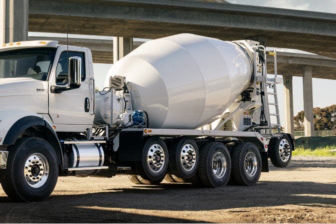 A white truck with a cement mixer